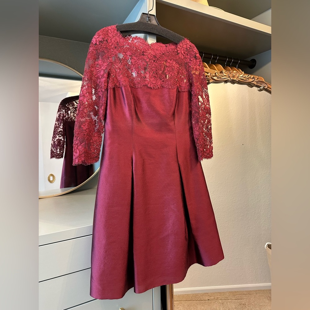 Designer Tom & Linda Platt Lace Overlay Burgundy Dress Short